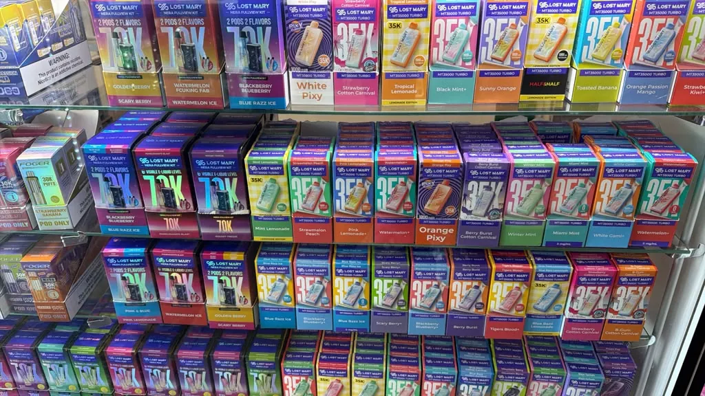 Rows of disposable vapes in every flavor