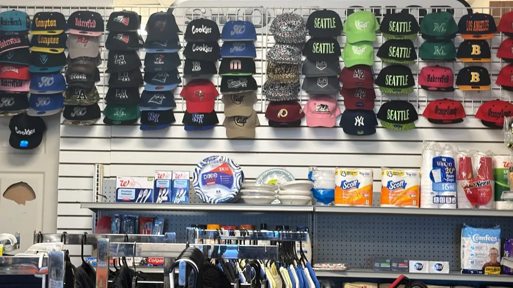 A wall of hats and caps