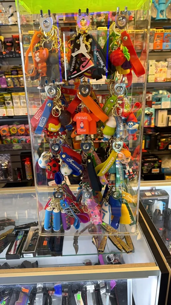 Keychains and lanyards in a display case
