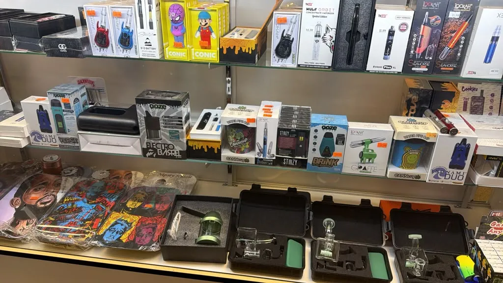 Vape devices and pod systems in the display case